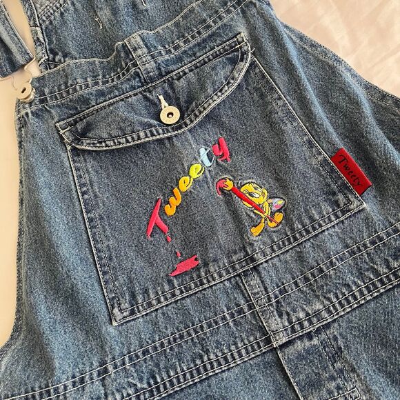 Looney Tunes Tweety Bird Denim  Carpenter Embroidered Overalls Women’s Size XL - Picture 2 of 8